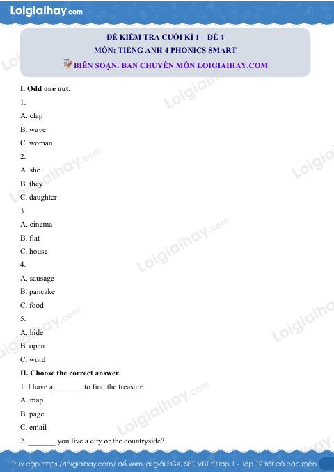 Đề thi học kì 1 Tiếng Anh 4 Phonics Smart - Đề số 4
